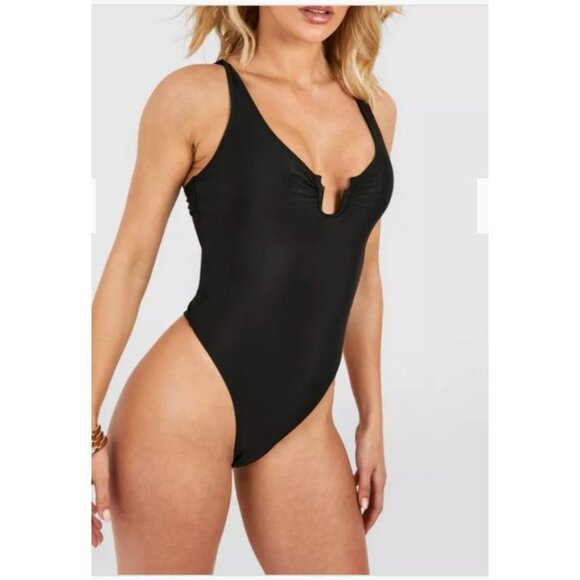 Boohoo Womens U Trim Detail High Leg Swimsuit Black Size XL Pool Beach Vacation - Picture 1 of 10